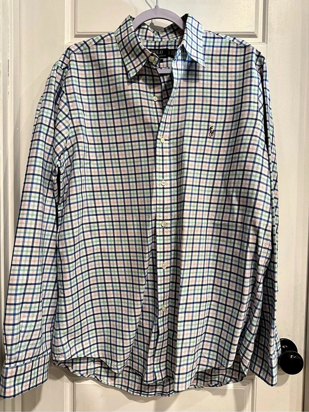 Polo Ralph Lauren Classic Fit Plaid Oxford Shirt White Pink & Blue Large